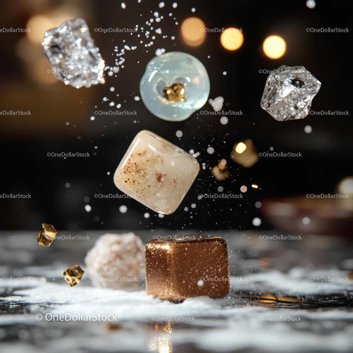 Pływające przysmaki gourmet z błyszczącymi detalami