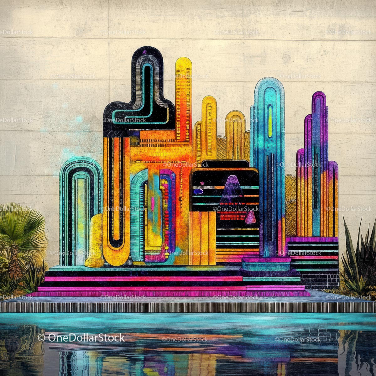 Żywy abstrakcyjny mural z geometrycznym wzorem