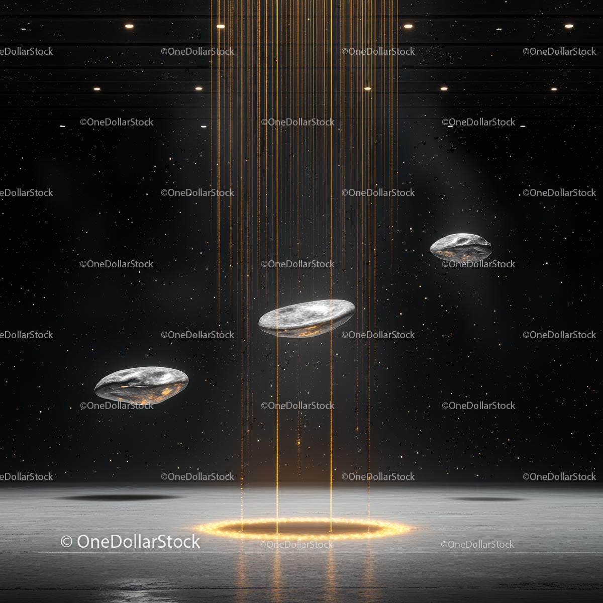 UFO unoszące się z jarzącymi się światłami na rozgwieżdżonym niebie