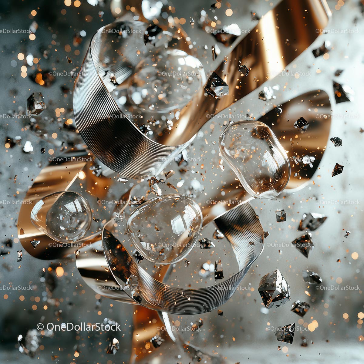 Futurystyczna abstrakcyjna kompozycja metaliczna z unoszącymi się elementami