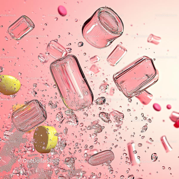 Floating Capsules and Bubbles on Pink Background