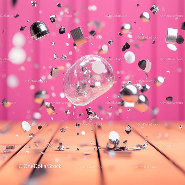 Floating Metallic Objects Against Vibrant Pink Background