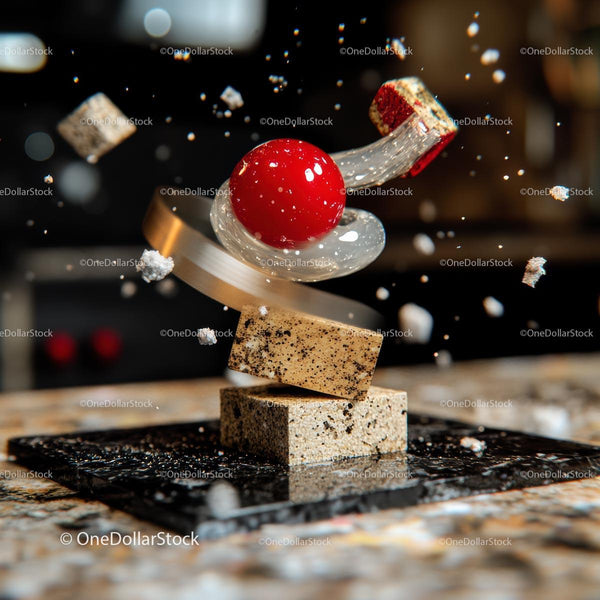 Dynamic Abstract Art with Red Sphere and Floating Elements