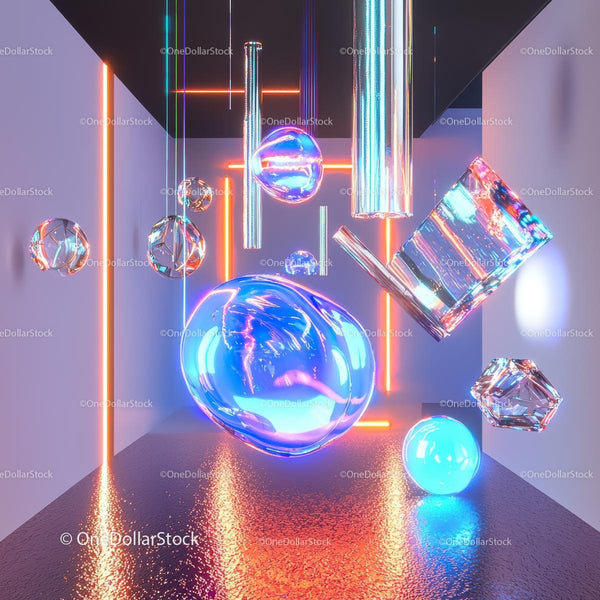 Futuristic Abstract Scene with Neon Lights and Shapes