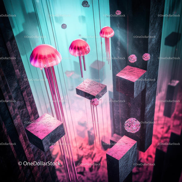 Surreal Underwater World with Floating Pink Jellyfish