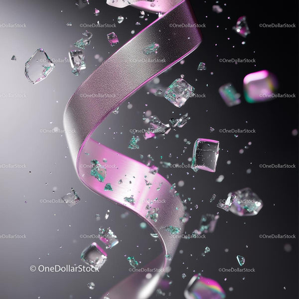Pink Ribbon and Glass Shards in Dynamic Motion