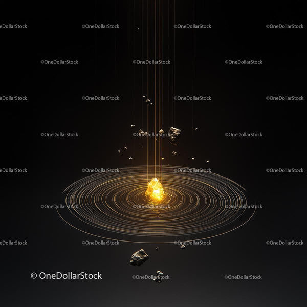 Glowing Gold Energy and Floating Rocks in Dark