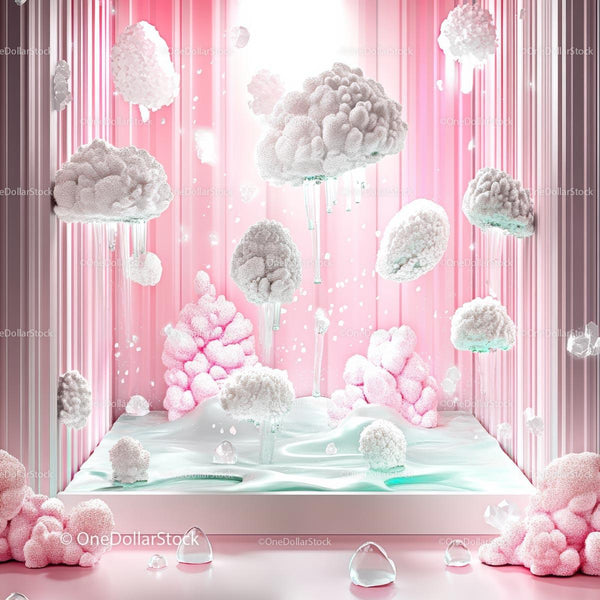 Surreal Dreamscape with Floating Clouds and Pink Coral