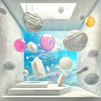 Surreal Hanging Spheres and Stones in Dreamlike Sky