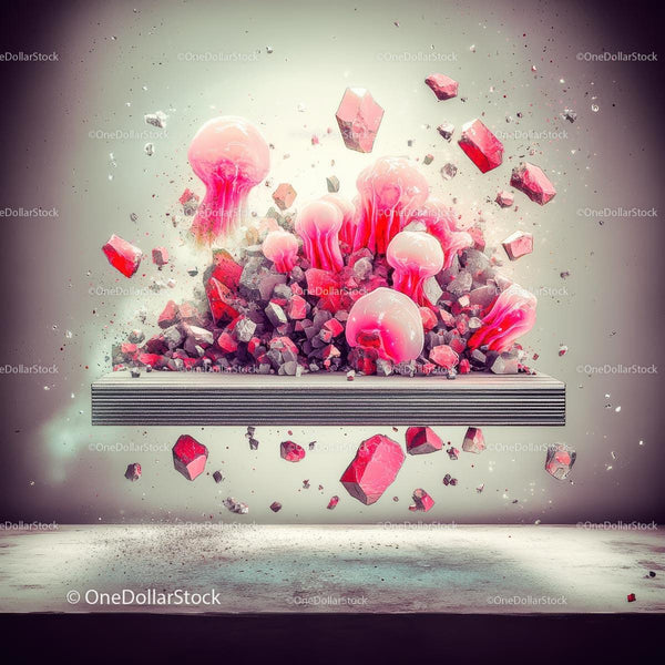 Floating Pink Crystals and Jelly Structures in Surreal Scene