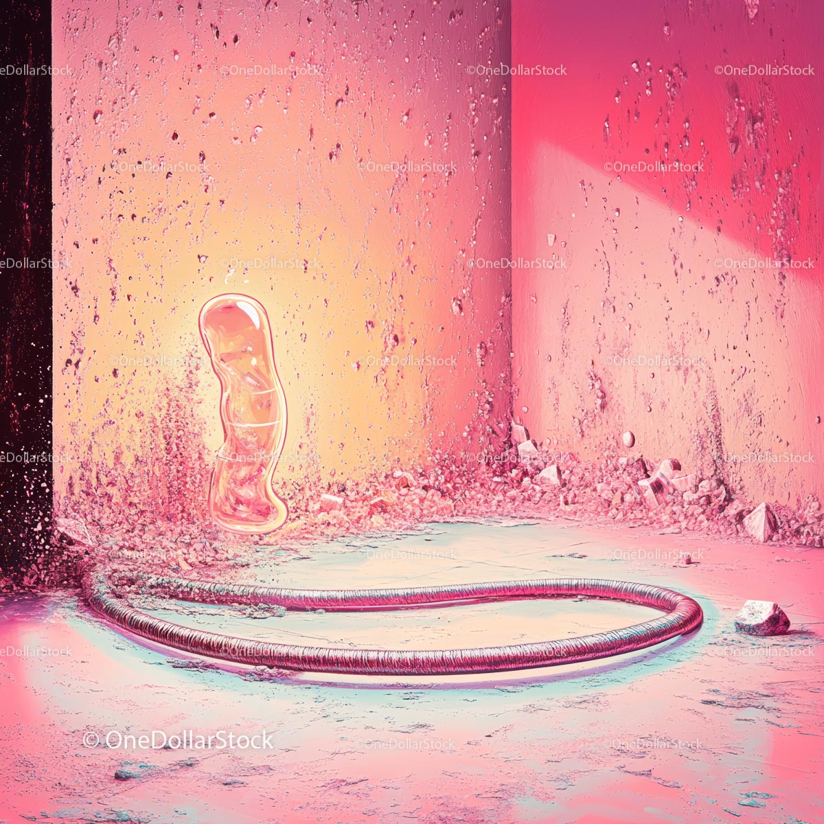Surrealistyczny różowy miś gumowy wśród żywej abstrakcyjnej sceny