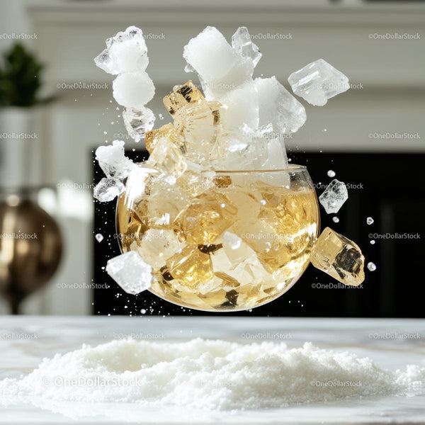 Refreshing Splash of Ice Cubes with Golden Beverage