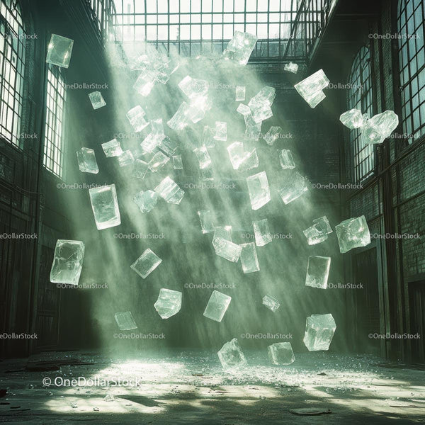 Floating Ice Blocks in Sunlit Industrial Warehouse