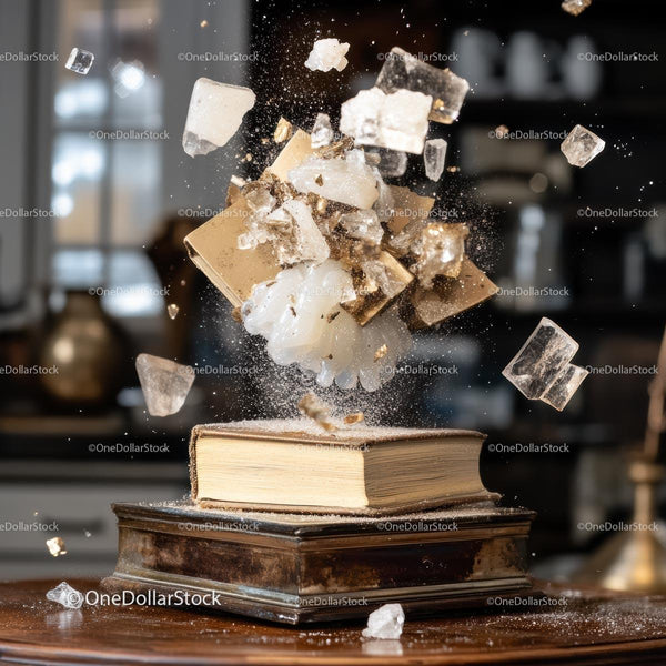 Exploding Book with Floating Particles in a Dramatic Scene