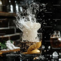 Dynamic Splash of Ice in Whiskey Cocktail with Lemon