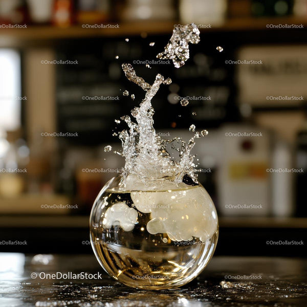 Splashing Water in a Round Glass on Bar Counter