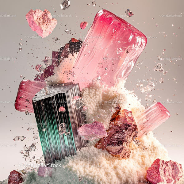 Vibrant Abstract Composition with Pink and Metallic Elements