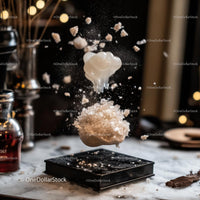 Salt Explosion in Motion over Dark Kitchen Countertop