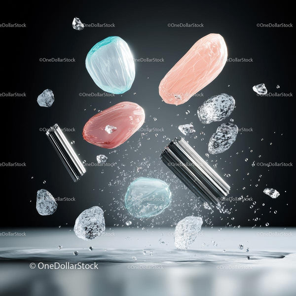 Surreal Floating Abstract Composition with Crystal Shapes