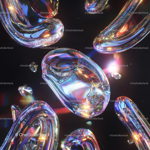 Futuristic Iridescent Glass Shapes in Dark Space