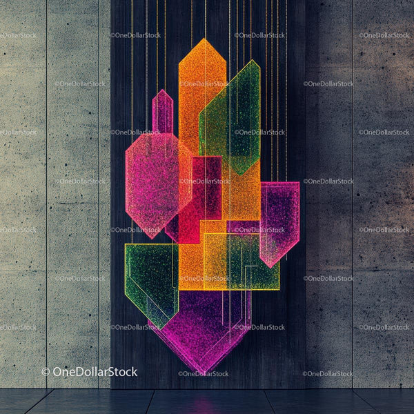 Vibrant Geometric Neon Sculpture Hanging on Wall