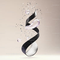 Floating Black Ribbon with Shimmering Glitter and Droplets