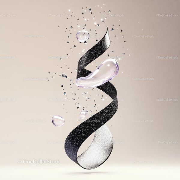 Floating Black Ribbon with Shimmering Glitter and Droplets