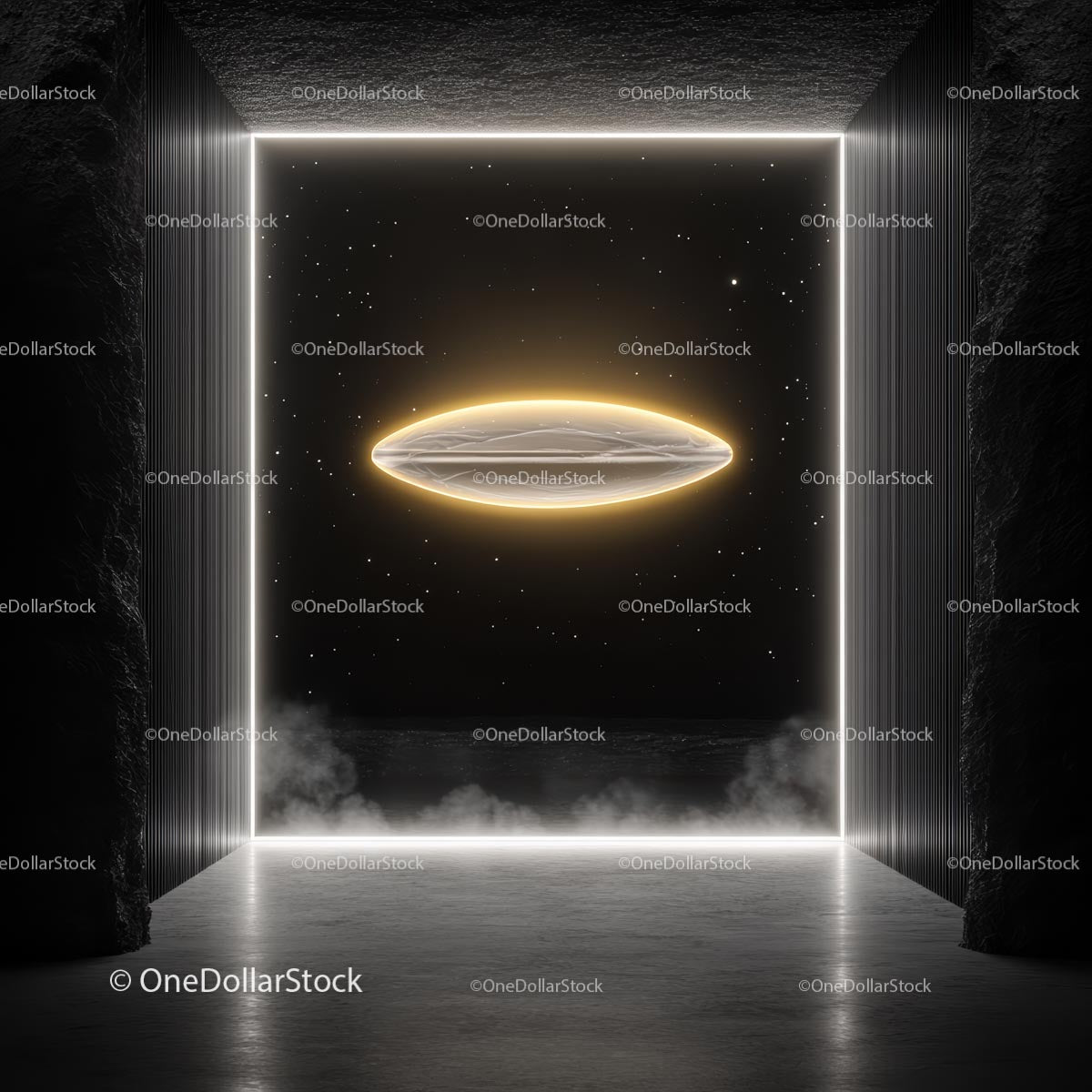 Futurystyczny świecący UFO w ciemnej przestrzeni kosmicznej