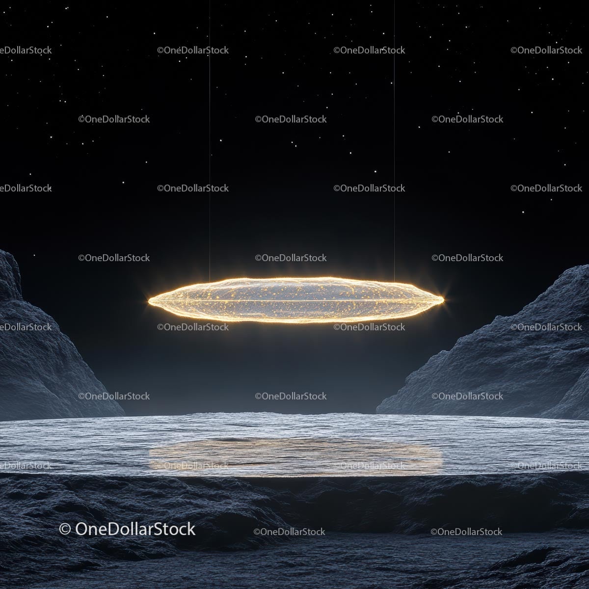 Tajemniczy UFO nad skalistym krajobrazem księżycowym w nocy