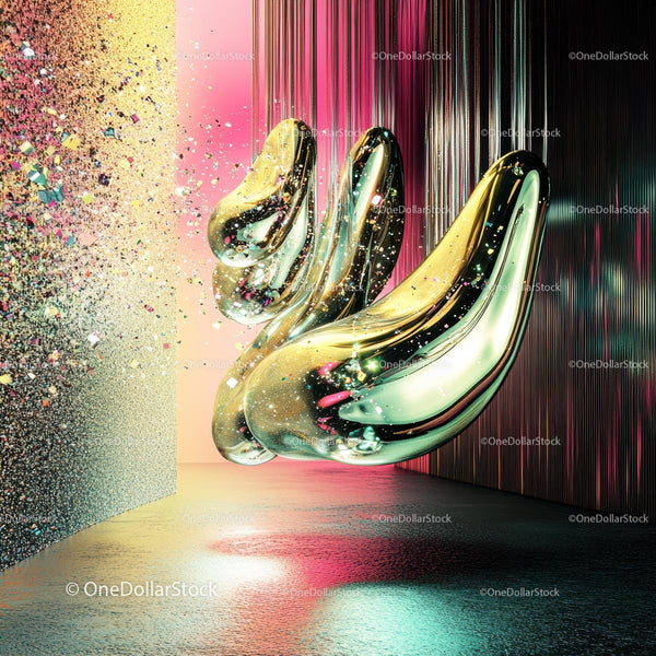 Vibrant Abstract with Metallic 3D Shapes