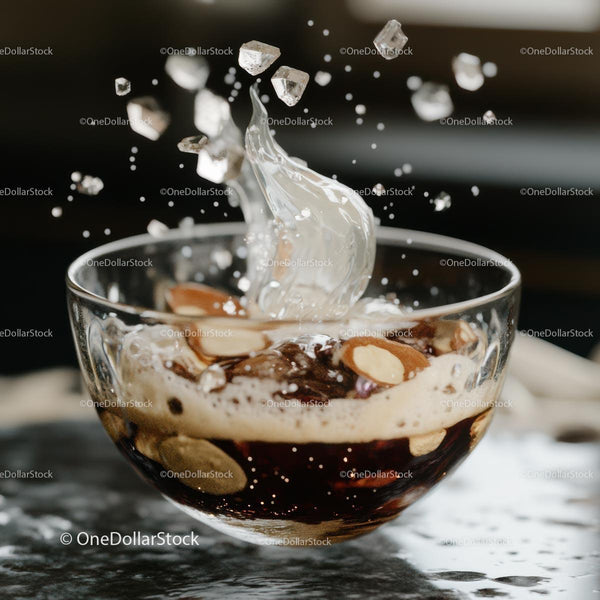 Splashing Beverage with Ice and Almonds in Glass