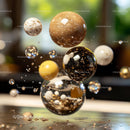 Floating Golden and Brown Spheres with Glossy Reflection