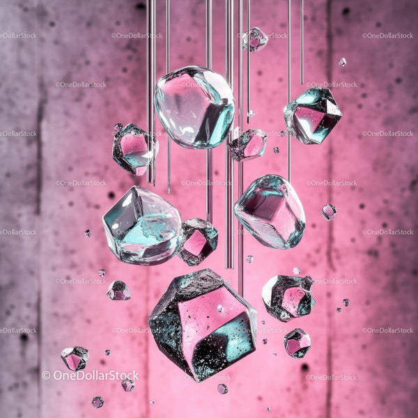 Floating Geometric Crystals on Pink Background
