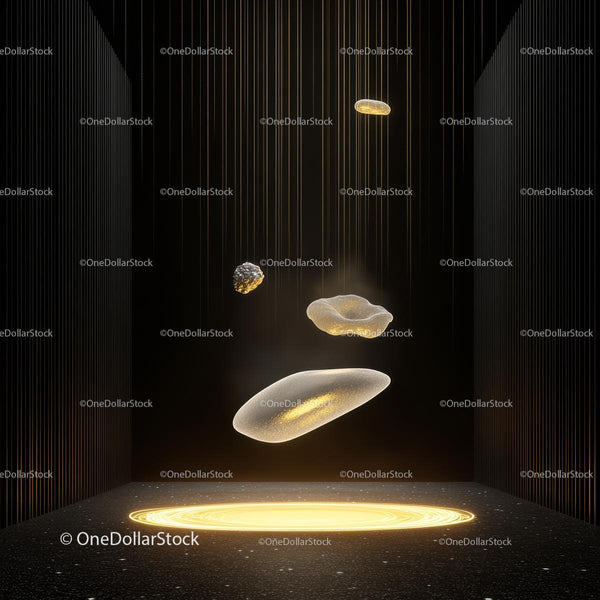 Futuristic Floating Objects with Golden Glow
