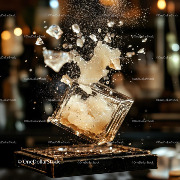 Dramatic Whiskey Splash with Ice Cube Explosion