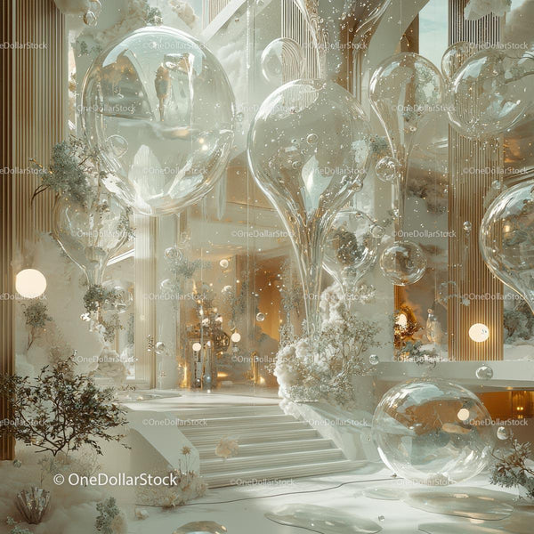Ethereal Modern Interior with Floating Glass Spheres