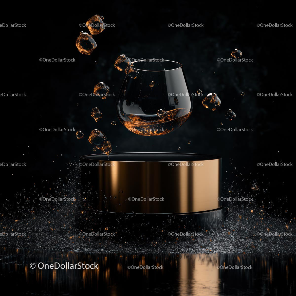 Elegancka szklanka do whisky z chlapiącym lodem na czarnym tle