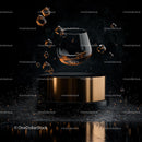 Elegant Whiskey Glass with Splashing Ice on Black Background
