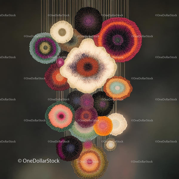Vibrant Textile Art Installation with Colorful Circular Patterns