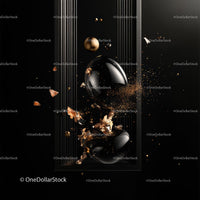 Elegant Black Spheres with Golden Particles in Motion