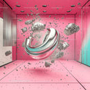 Floating Silver Metallic Form in Pink Abstract Space