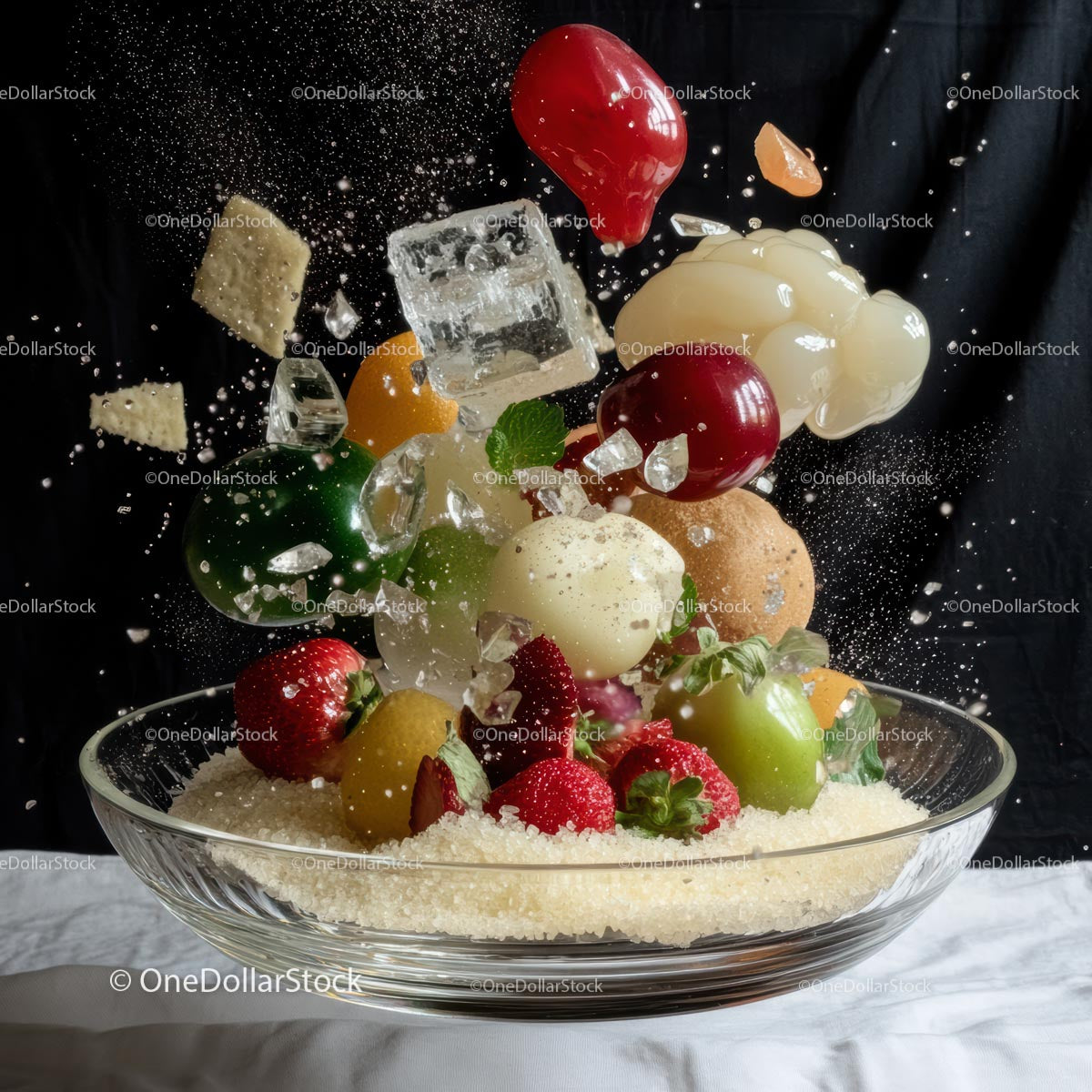 Fruit and Ice Explosion in a Glass Bowl