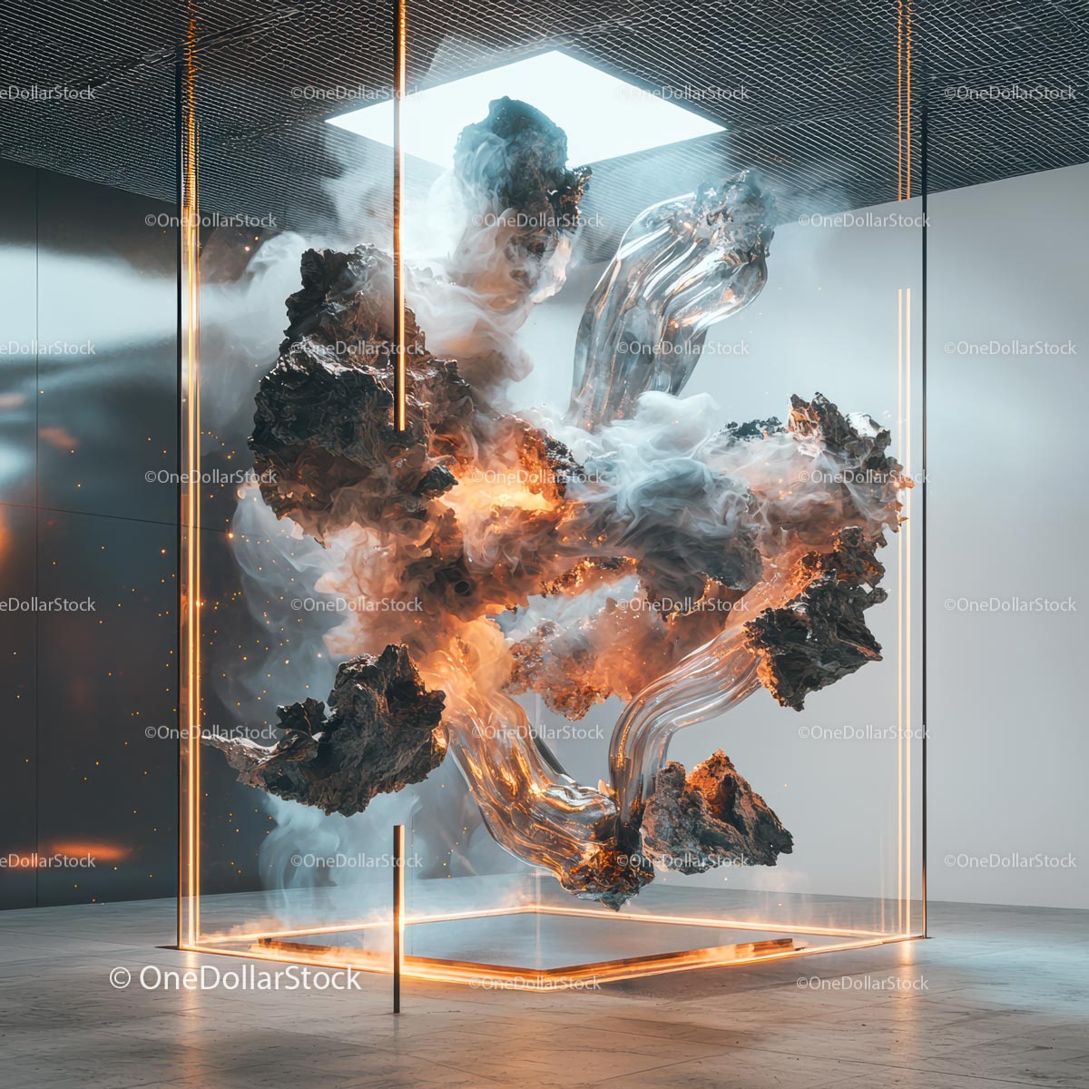 Dynamic Modern Sculpture with Smoke and Fire Effects
