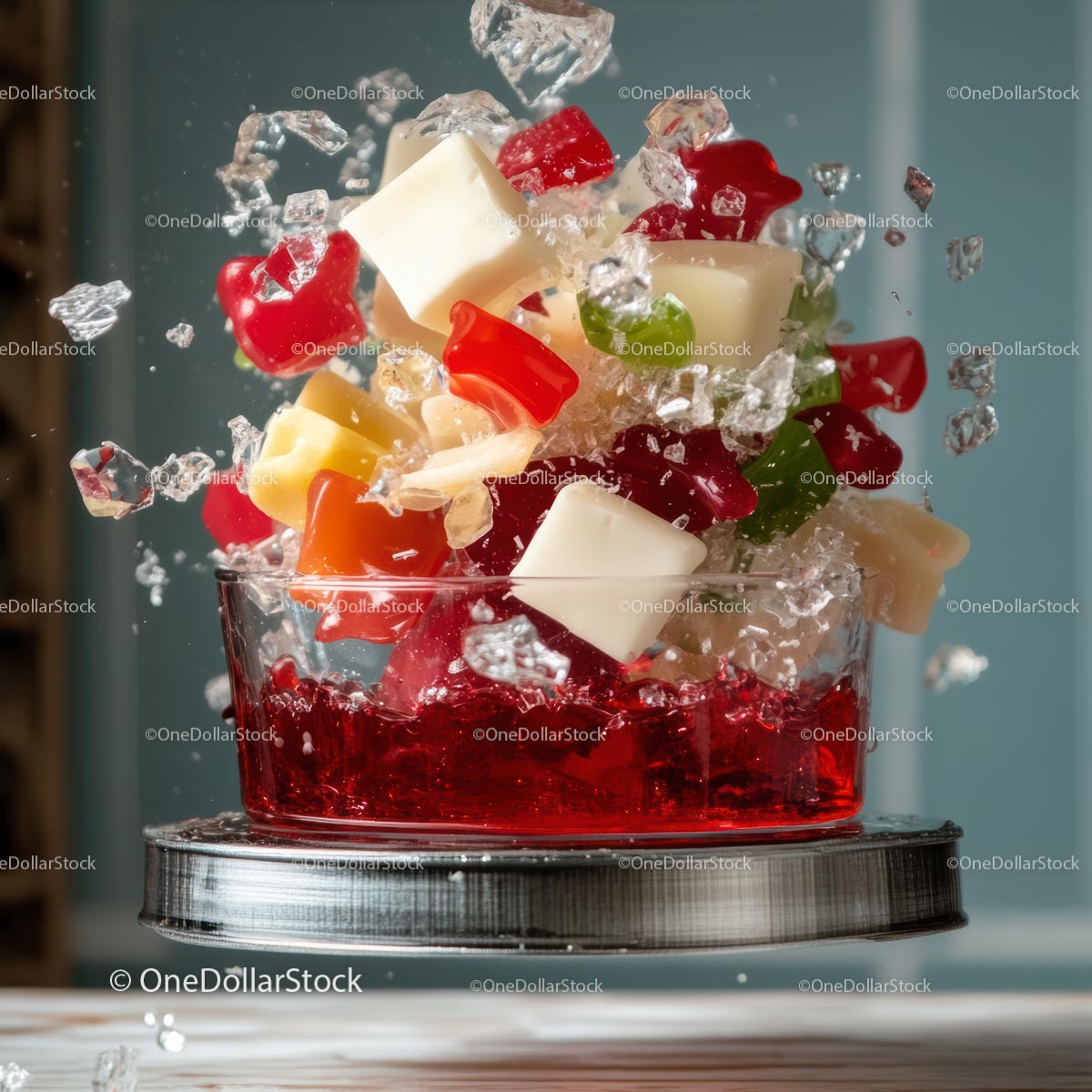 Colorful Candy Explosion with Ice and Jelly Splash