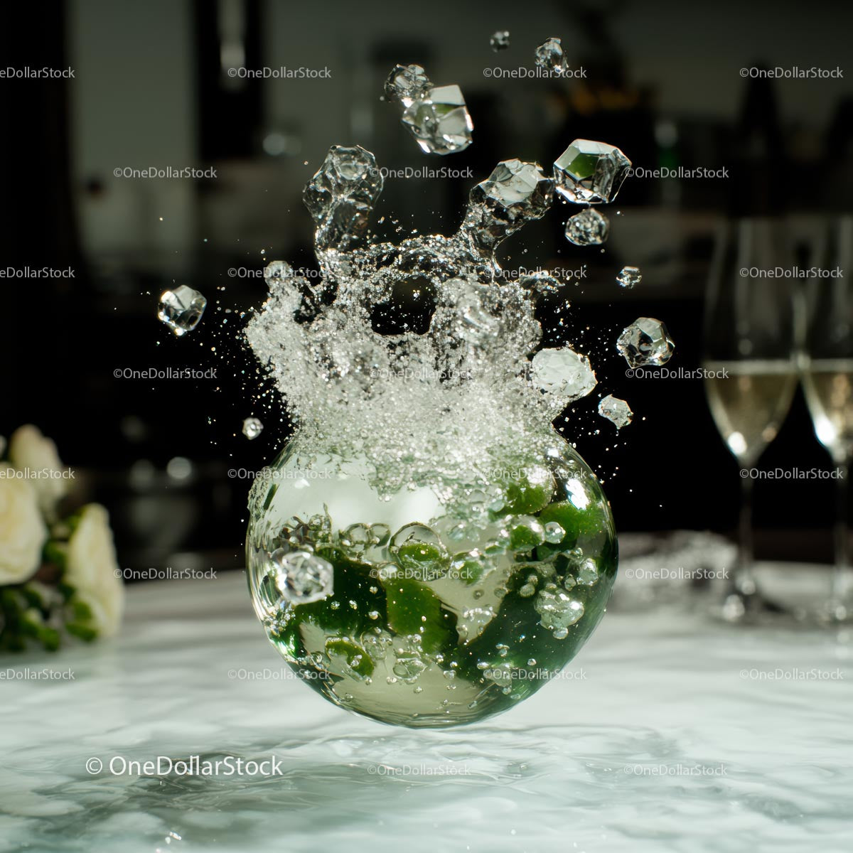 Dynamic Water Splash with Leaves in Glass Vase