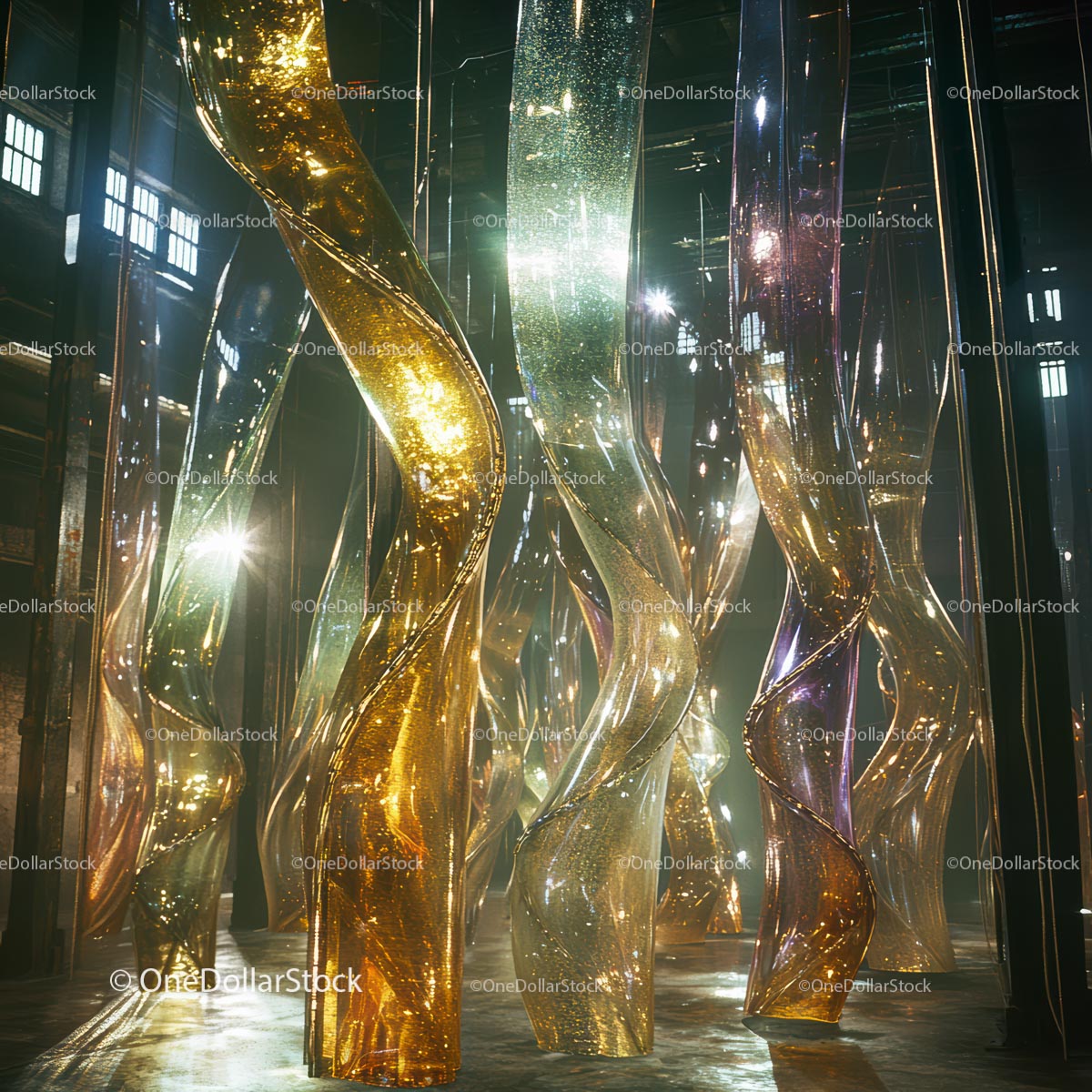 Abstract Twisted Glass Sculptures in Industrial Setting