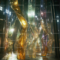 Abstract Twisted Glass Sculptures in Industrial Setting