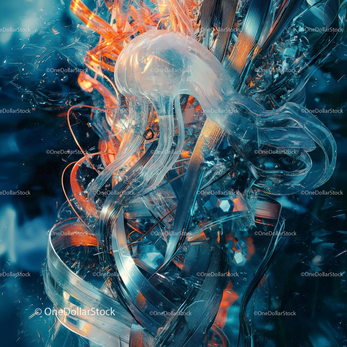 Futuristic Abstract Sculpture with Swirling Blue and Orange