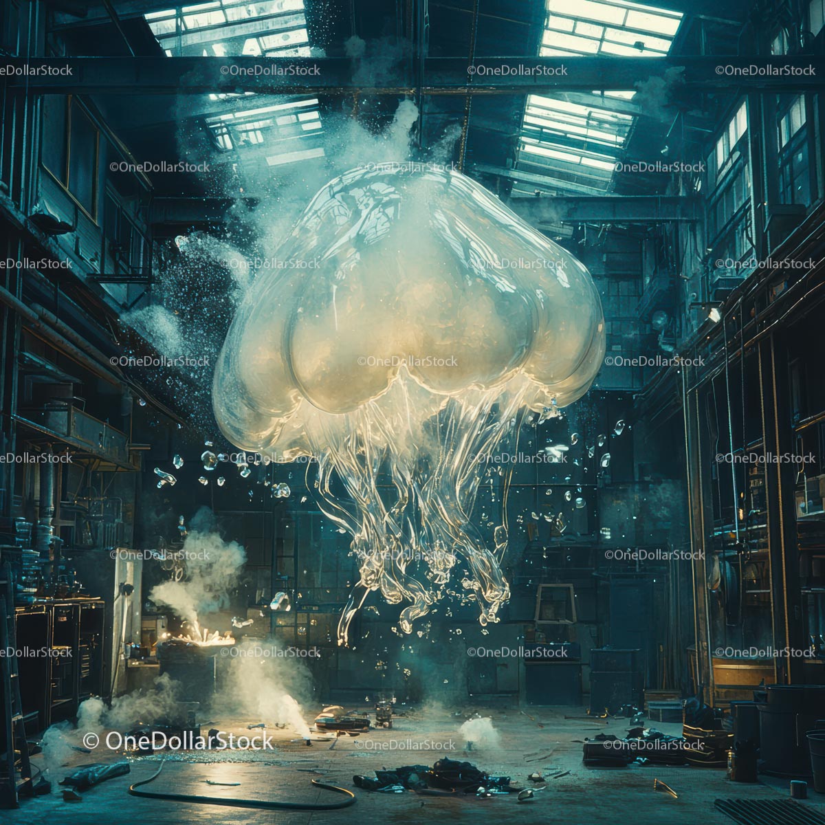Surreal Jellyfish Sculpture in Industrial Warehouse Setting