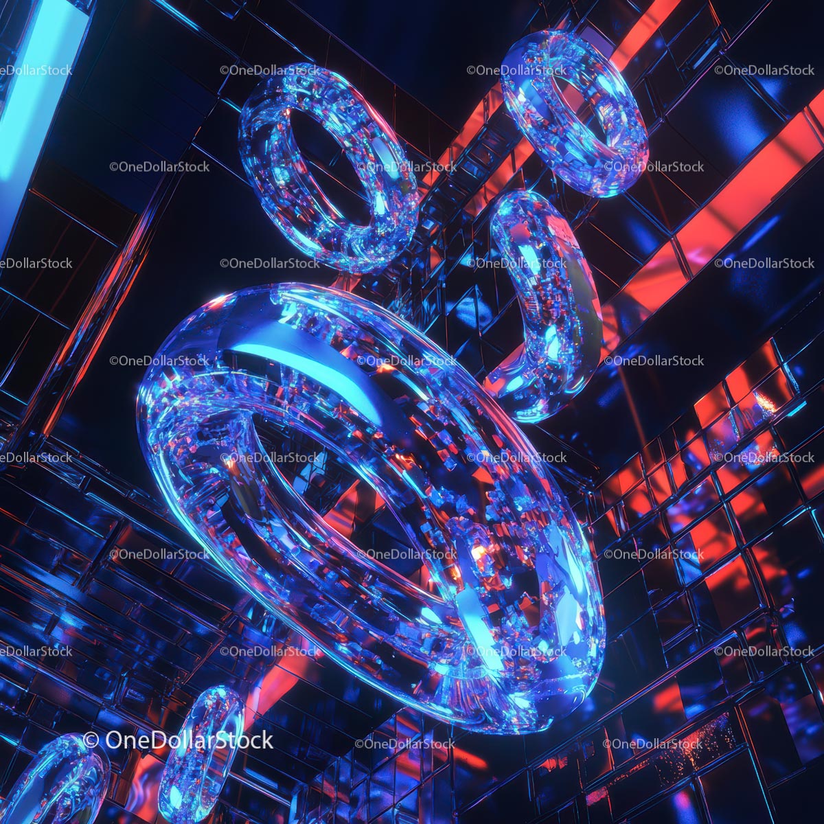 Futurystyczny neonowy 3D render z błyszczącymi szklanymi kształtami